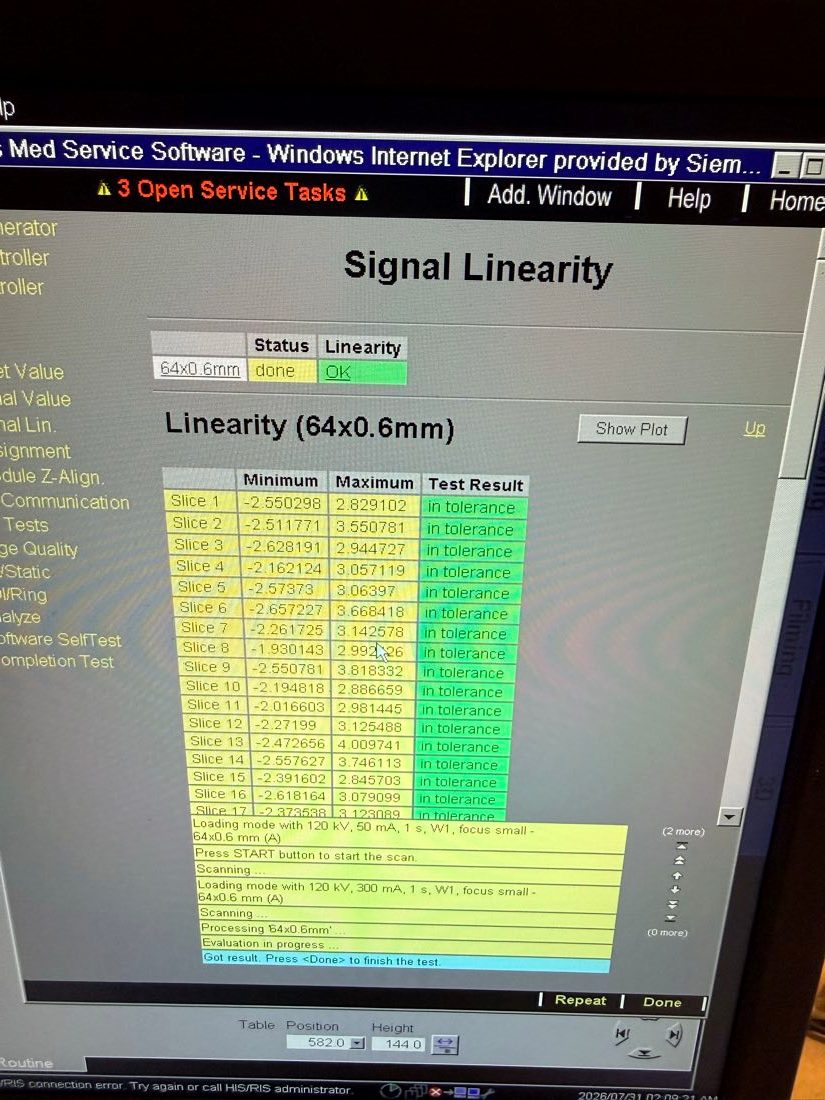 CT service console showing detector linearity results all within tolerance