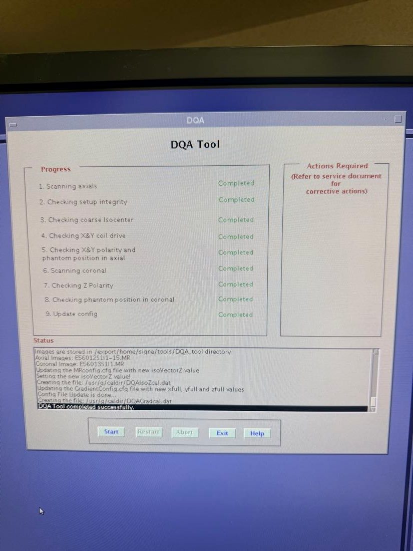 GE MRI service console with the daily QA tool completed