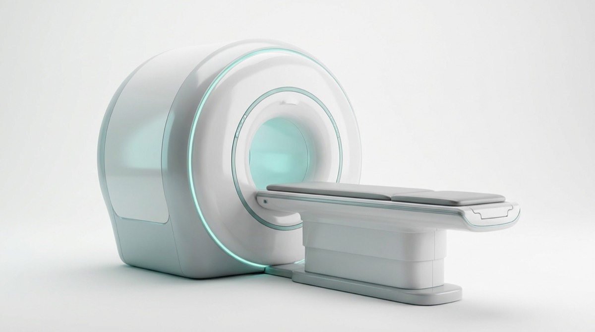 Short-bore 70cm 1.5T MRI scanner, studio render — representative render