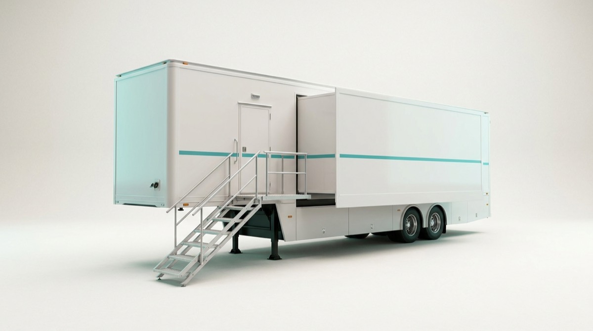 Mobile MRI trailer exterior, studio render — representative render