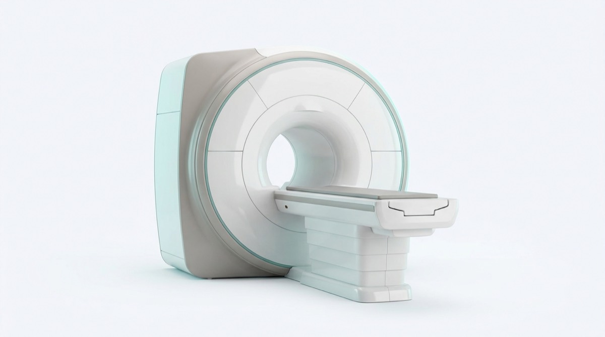 Wide-bore 1.5T MRI scanner, studio render — representative render