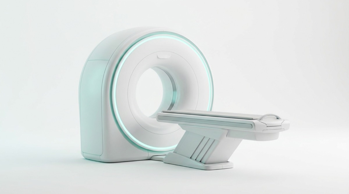 Premium wide-bore CT scanner, studio render — representative render