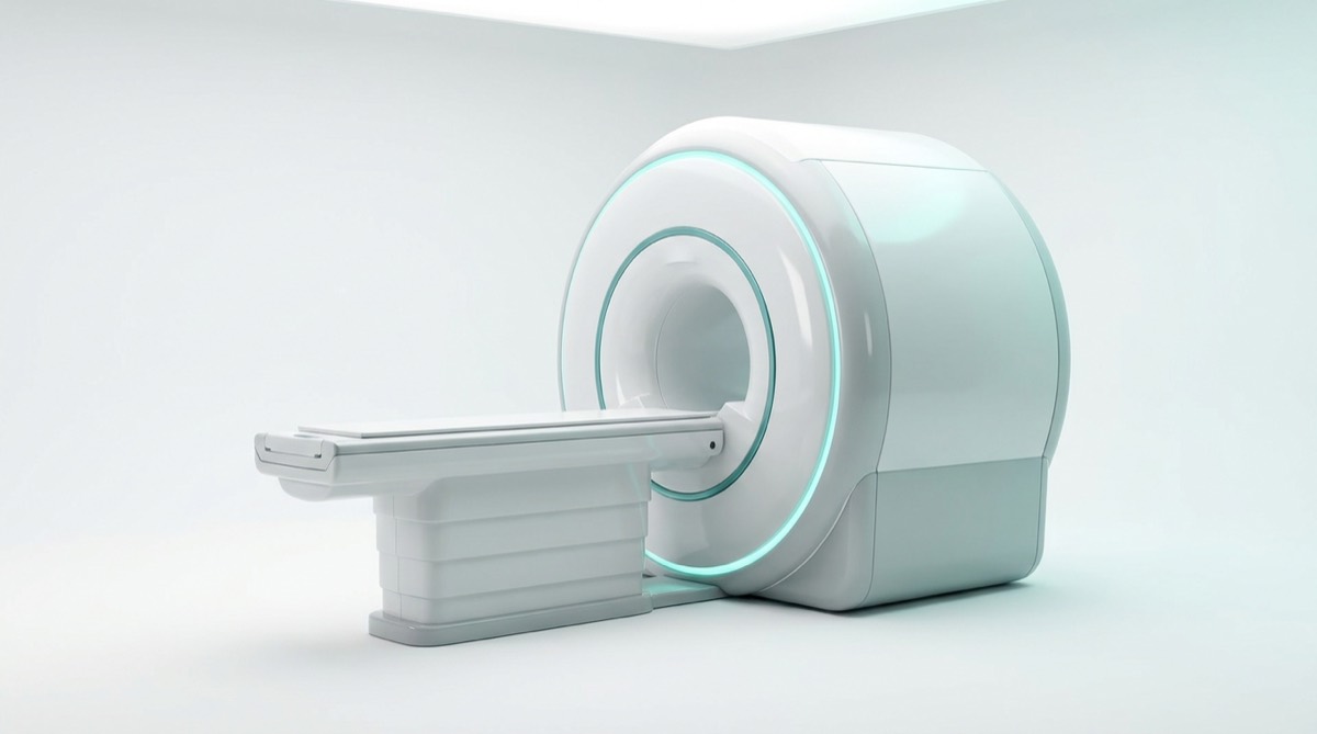 Compact-bore 1.5T MRI scanner, studio render — representative render