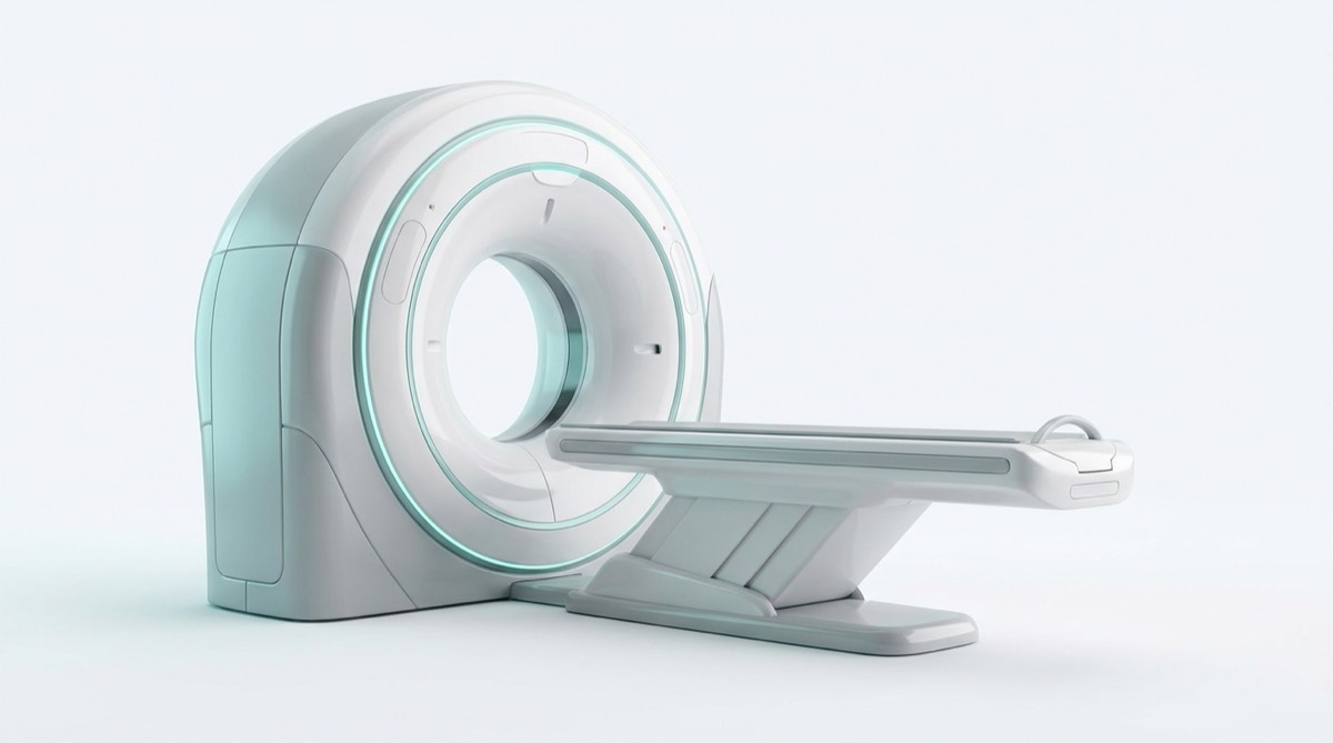 64-slice CT scanner with open gantry, studio render — representative render