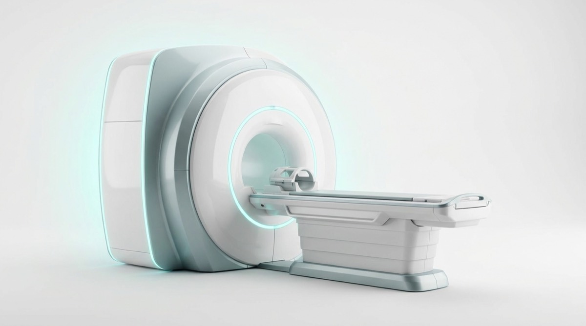 Flagship 3.0T MRI scanner with illuminated bore, studio render — representative render