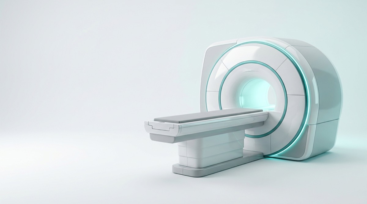 1.5T MRI scanner with extended patient table, studio render — representative of the platforms we service